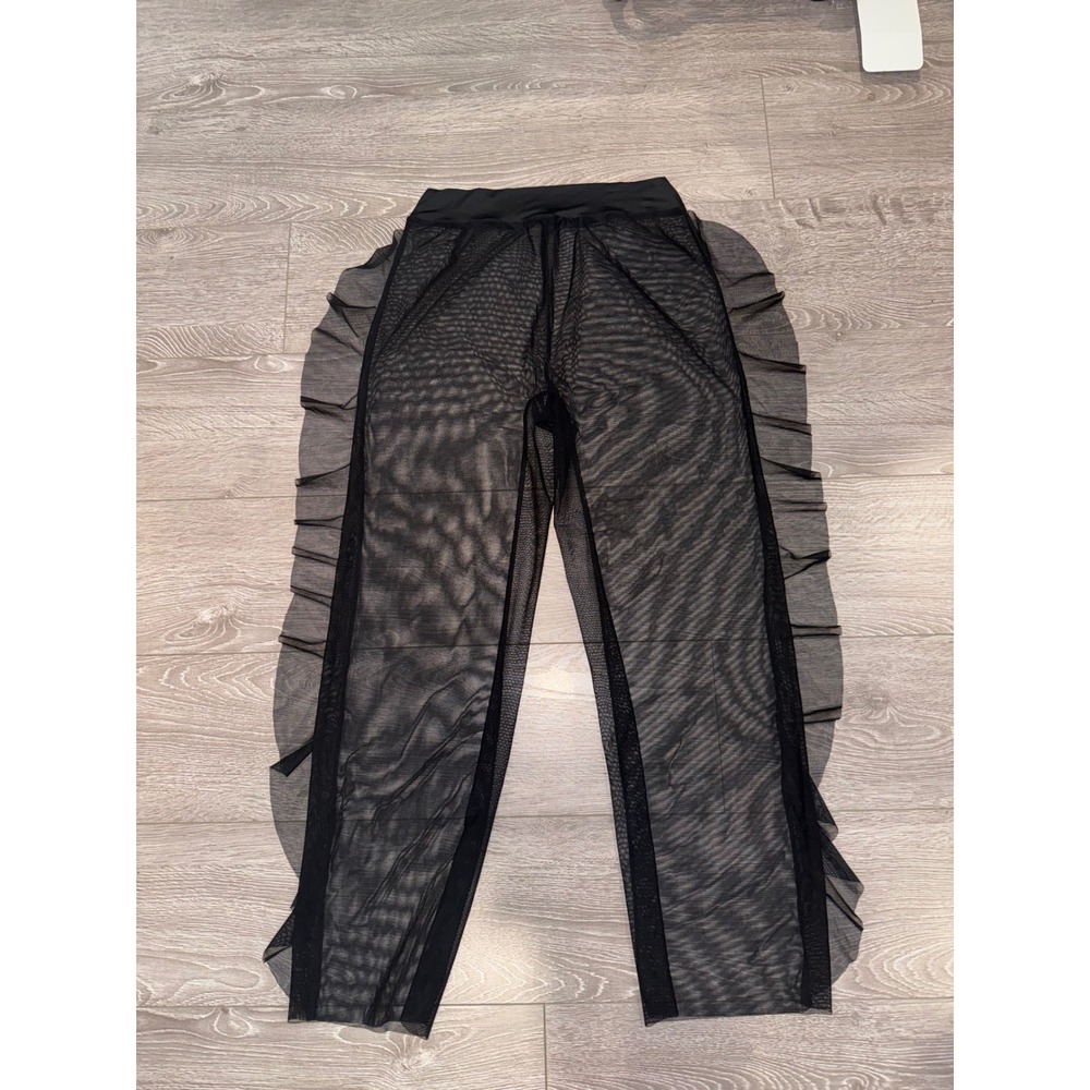 Black Sheer Mesh Ruffle Side Festival Straight Leg Elastic Resort Boho Chic